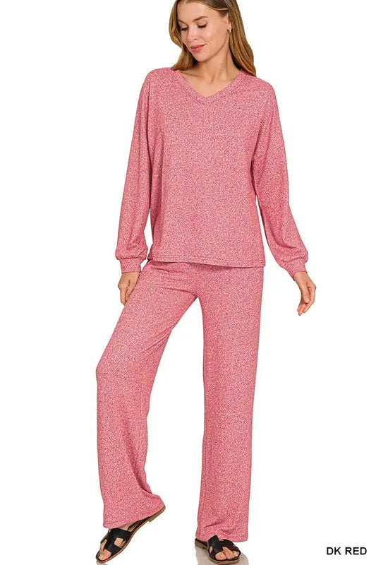 Zenana Soft Melange Long Sleeve Tee & Pants Set for Women in DK Red, featuring a cozy long sleeve tee and matching pants.