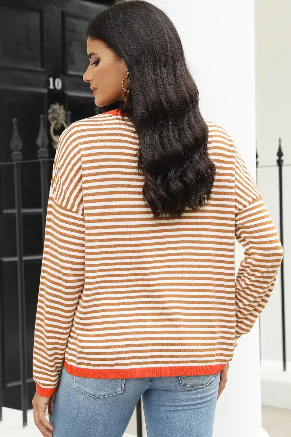 Striped Round Neck Drop Shoulder T-Shirt displayed on a model from the back, featuring horizontal stripes and relaxed fit.