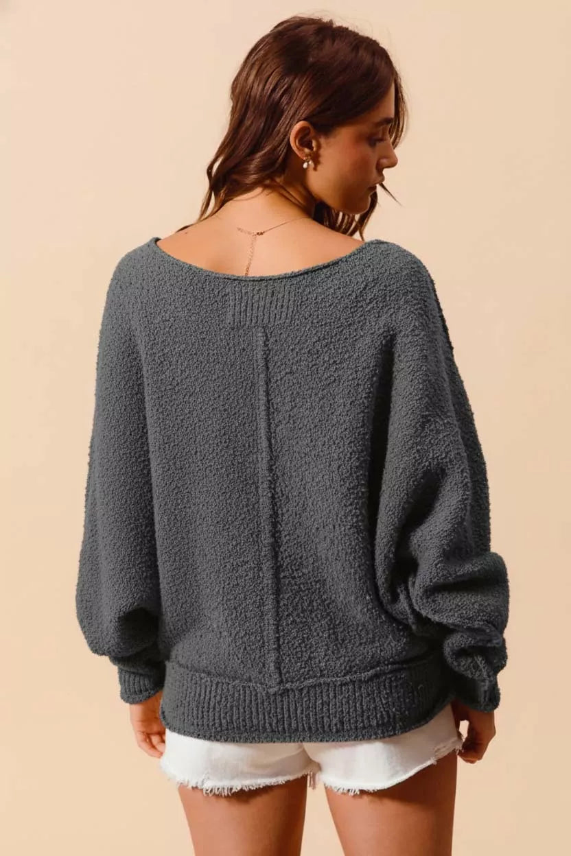 Back view of SO ME Loose Fit Exposed Seam Slouchy Boucle Sweater for Women in gray color, showcasing its relaxed fit and texture.