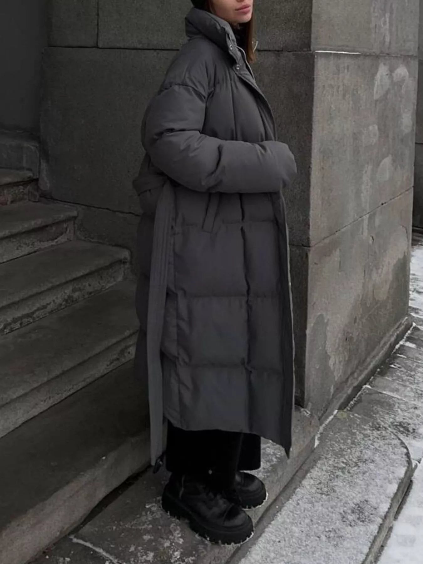 Longline Padded Winter Coat Belted Warm Women Jacket in gray, featuring pockets and a stylish tied waist.