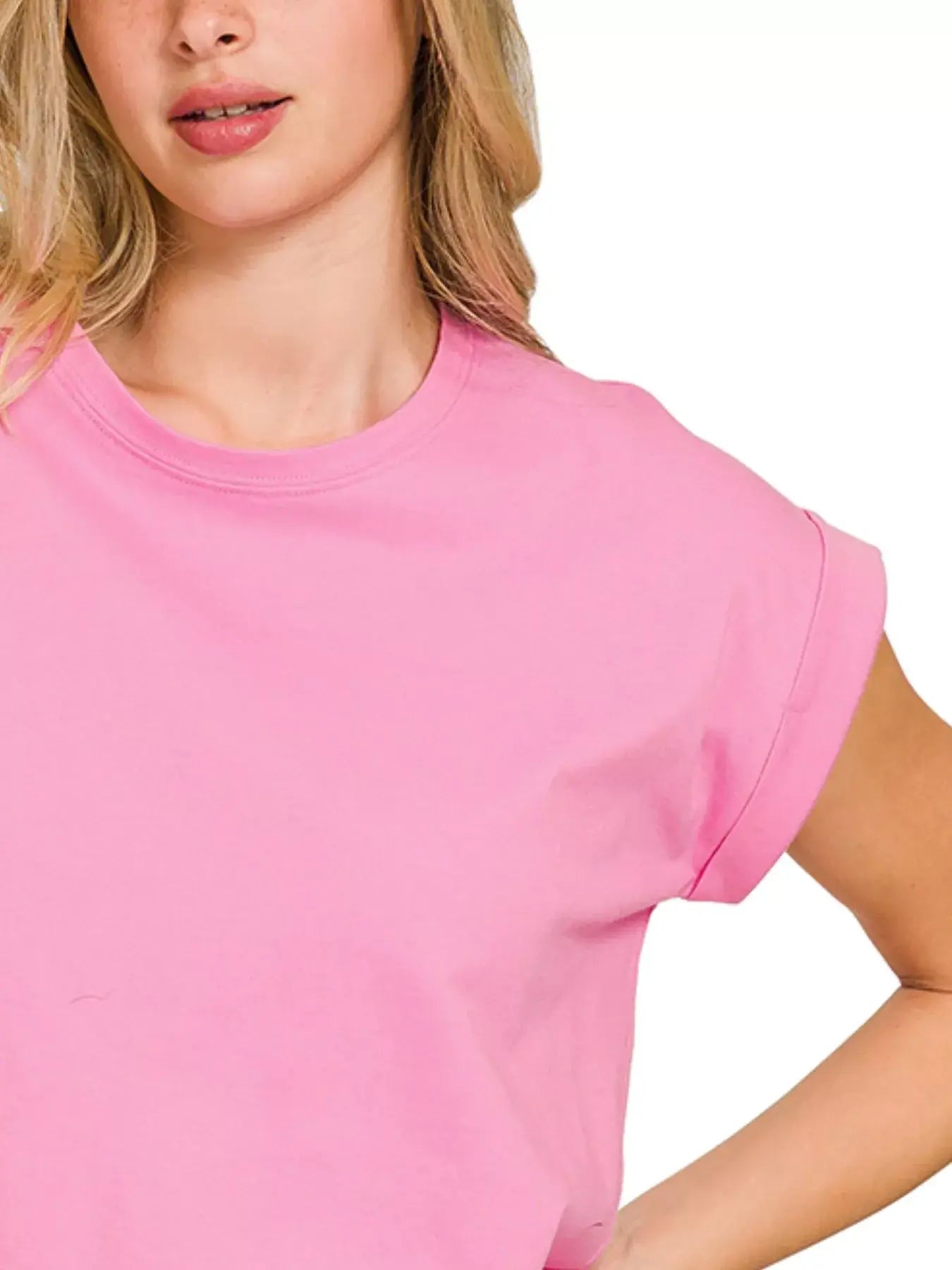Zenana Round Neck Folded Short Sleeve T-Shirt in pink with rolled sleeves for a casual look.