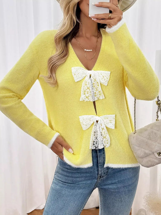 Lace Bow-Tie Front Long Sleeve Cardigan in yellow with lace bow details, adding elegance to casual outfits.