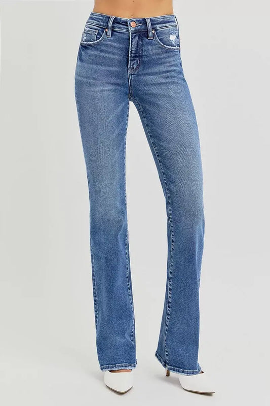 RISEN Plus Size High Rise Straight Jeans – Slimming Fit displayed on a model wearing stylish footwear.