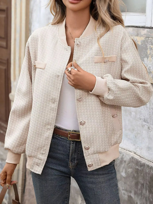 Button Up Long Sleeve Jacket with Pockets for Women, stylish and functional outerwear in neutral tones.