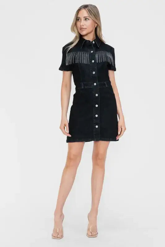 Bytos full size embellished button down short sleeve denim dress with fringe details, perfect for casual or semi-formal occasions.