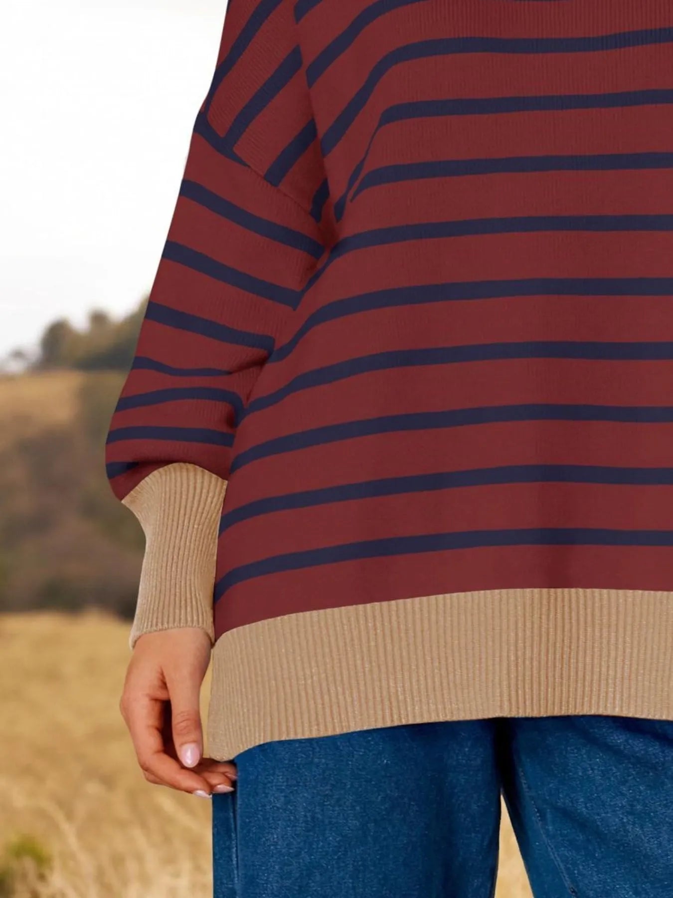 Striped Round Neck Long Sleeve Sweater featuring oversized style and slightly stretchy fabric.