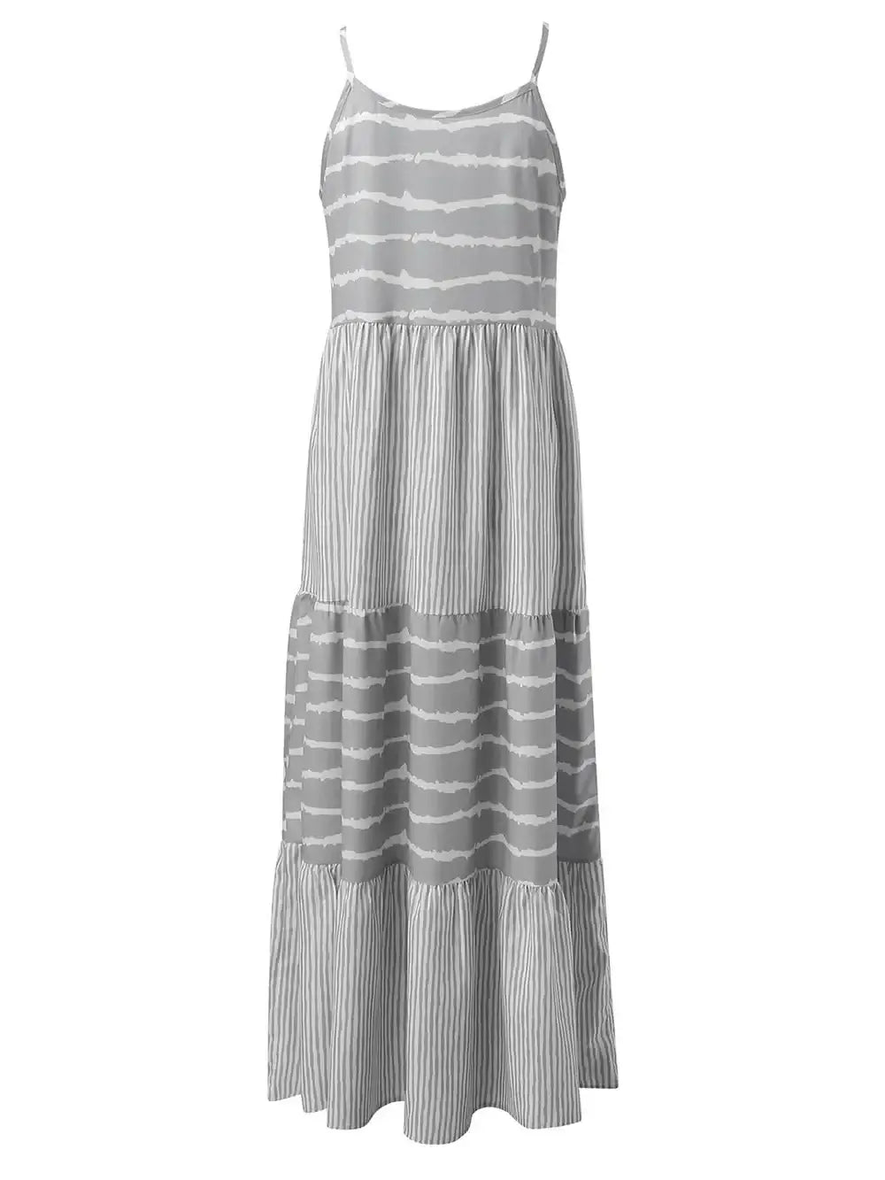 Tiered Striped Sleeveless Cami Dress in gray with a tiered design and striped pattern, perfect for summer outings.