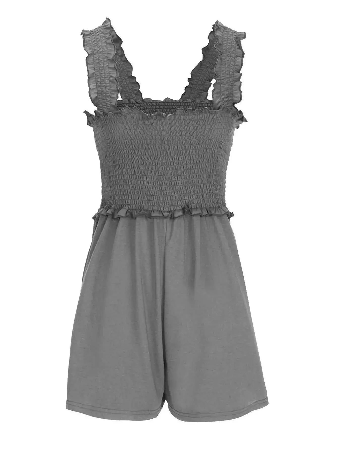Smocked Square Neck Summer Romper in gray with ruffled straps and pockets, perfect for warm weather outings.