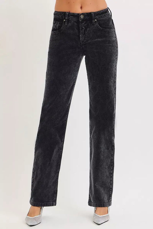 RISEN Tummy Control Mid Rise Straight Leg Corduroy Pants in black with a flattering fit and soft fabric.