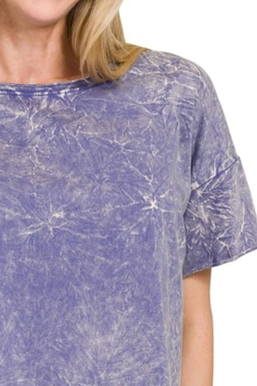 Close-up of the Zenana Washed Crew Neck Short Sleeve Crop Box Tee featuring a purple tie-dye design and relaxed fit.
