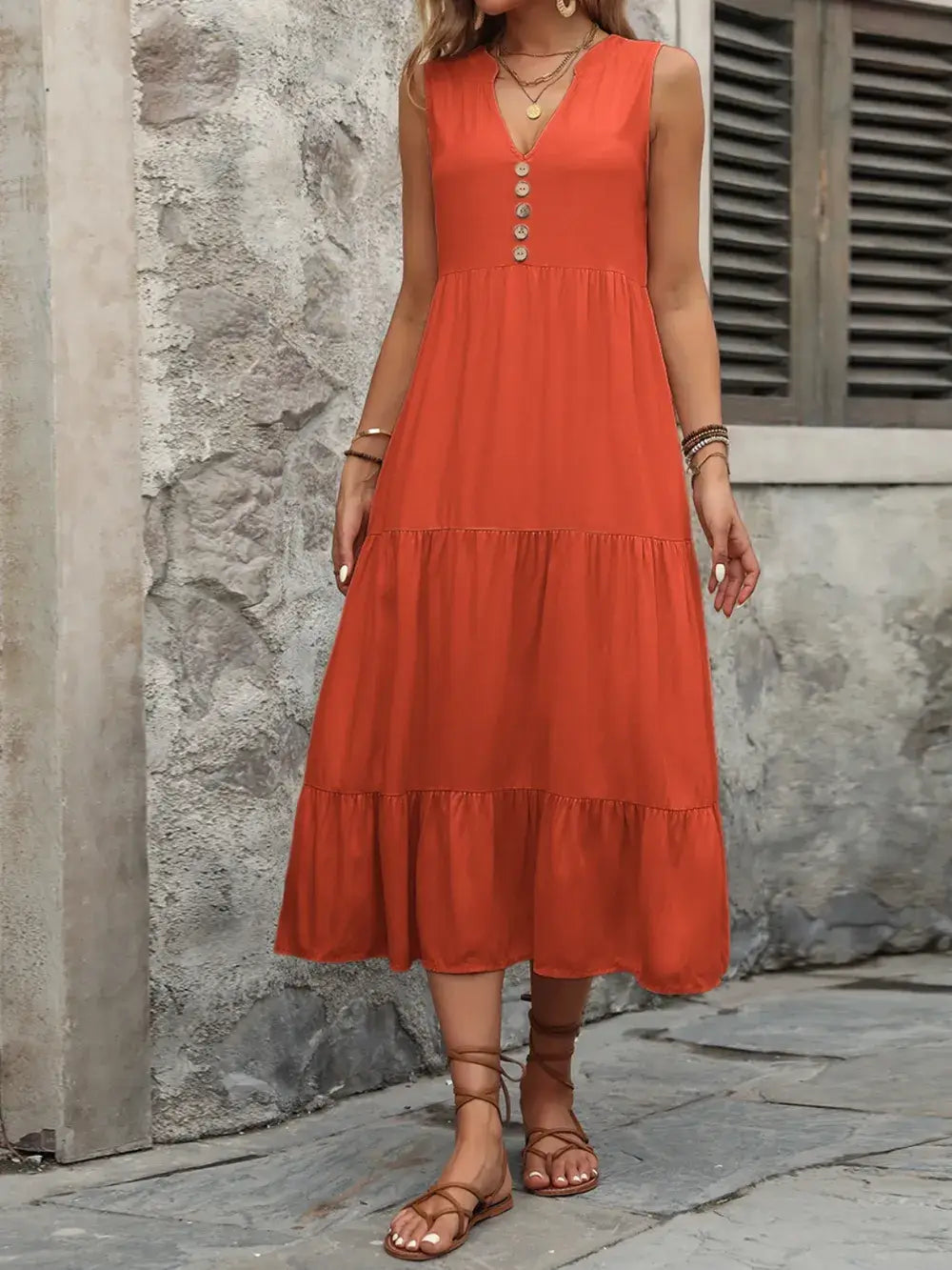 Ivy Lane Decorative Button Notched Sleeveless Dress in orange with decorative buttons and tiered skirt, perfect for casual outings.