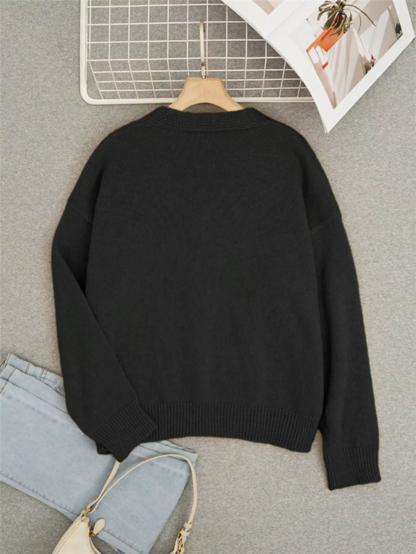 Bee Embroidered Button-Down Cardigan back view showcasing relaxed fit and cozy design.