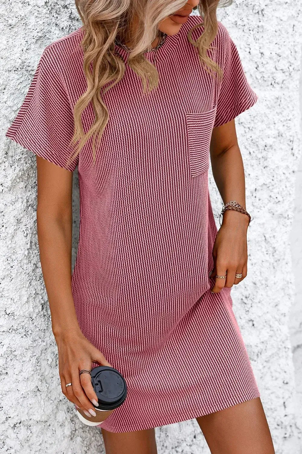 Mandy Ribbed Striped Short Sleeve Mini Tee Dress with pockets, perfect for casual everyday style.