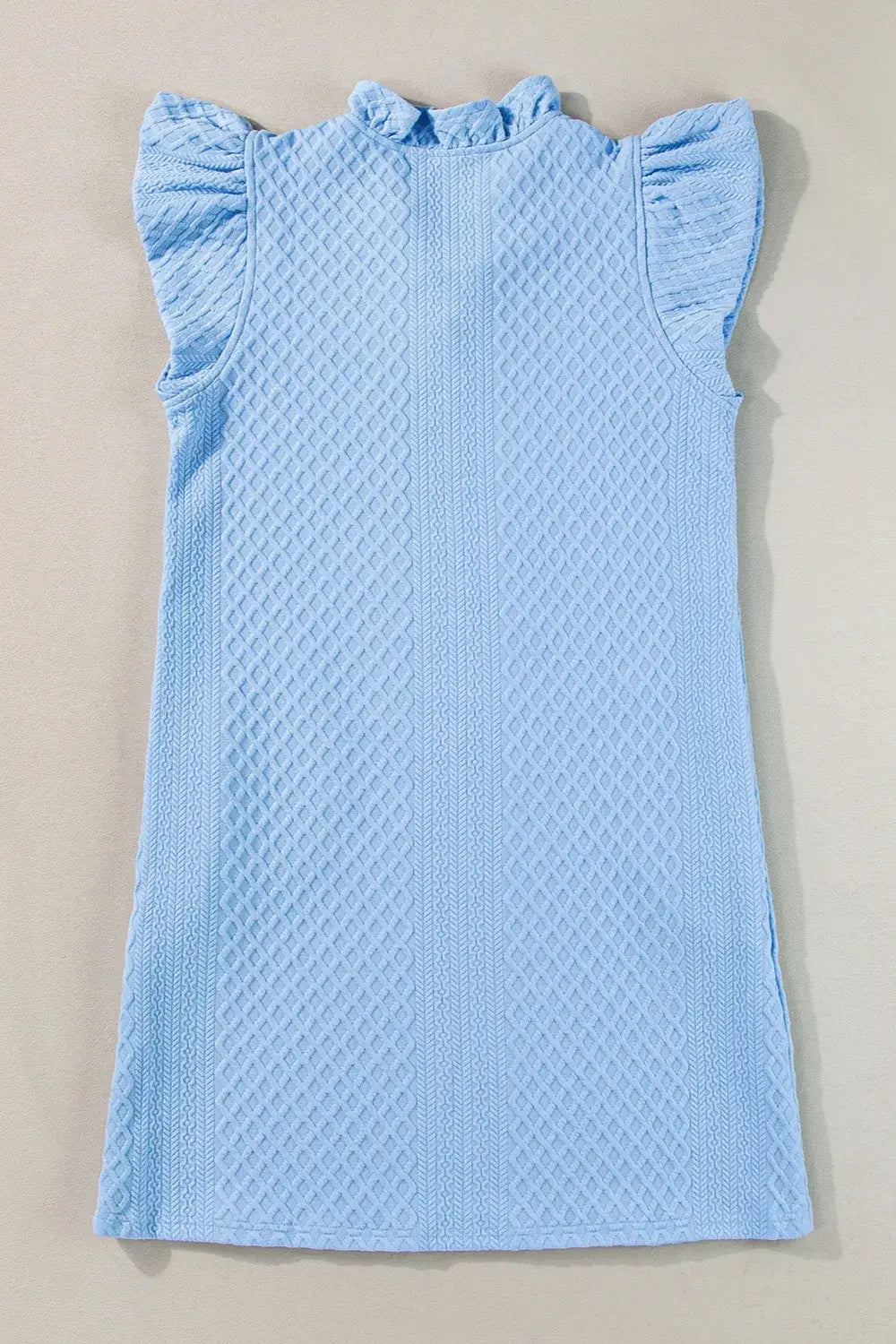 Back view of a light blue ruffled V-neck cap sleeve mini dress on a neutral background.
