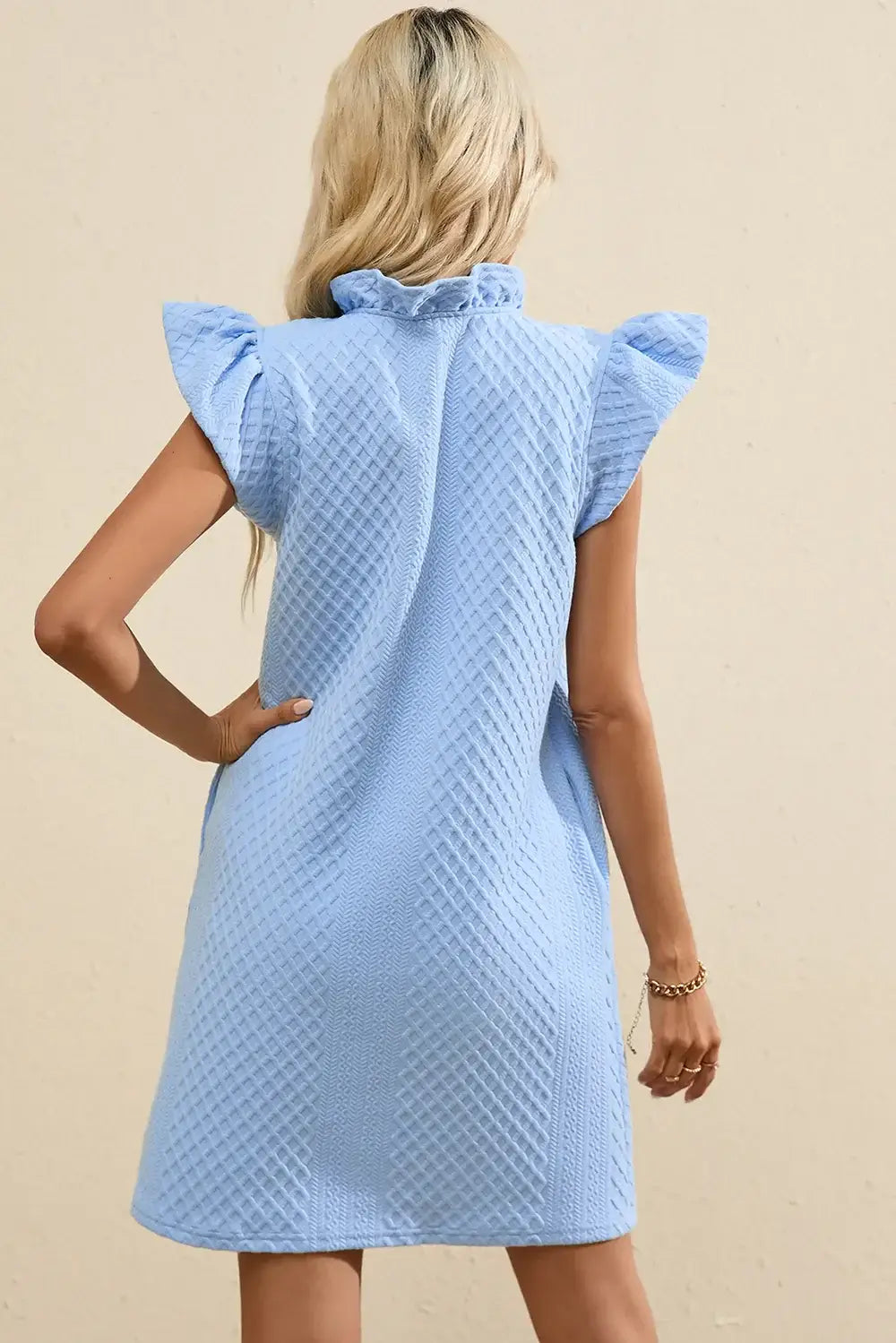 Back view of light blue Ruffled V-Neck Cap Sleeve Mini Dress with soft ruffles and cap sleeves.