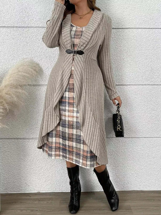 Model wearing a Plaid Cami Dress and Ribbed Cardigan Set, showcasing chic style and all-day comfort.