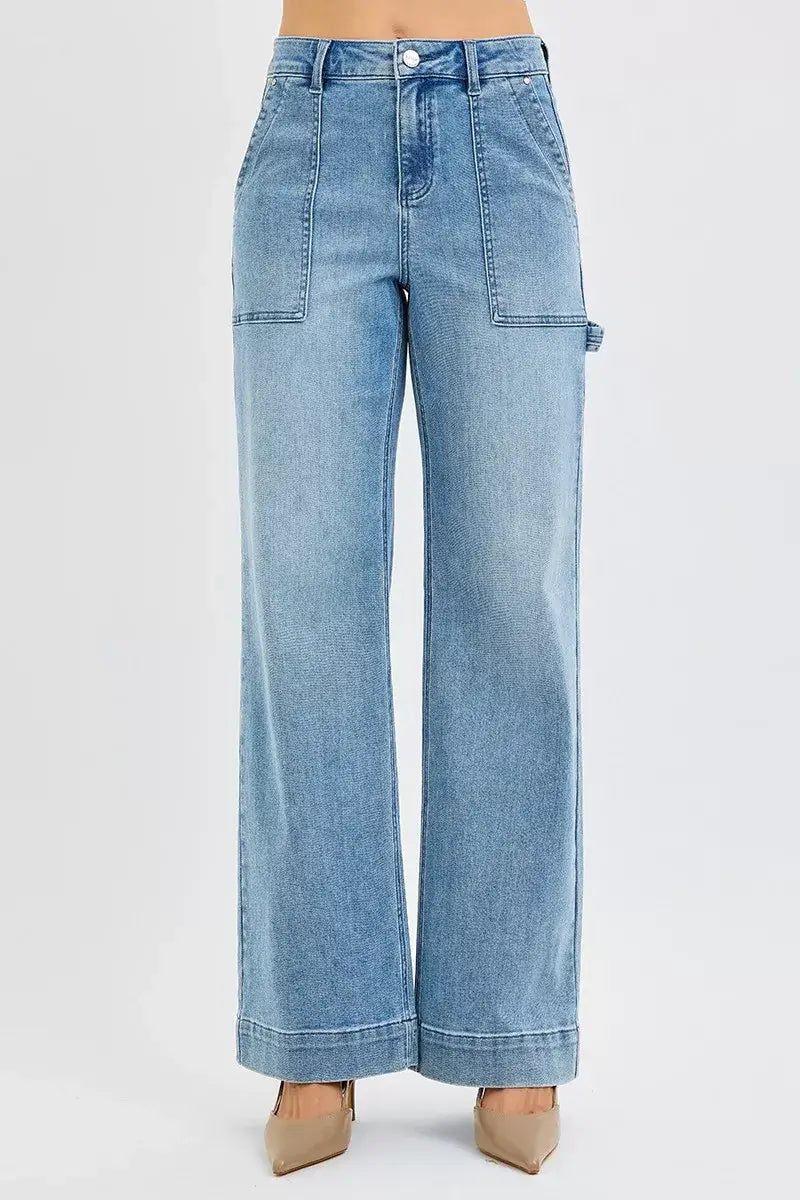 RISEN High Rise Straight Leg Plus Size Jeans with Front Pockets in Light Wash