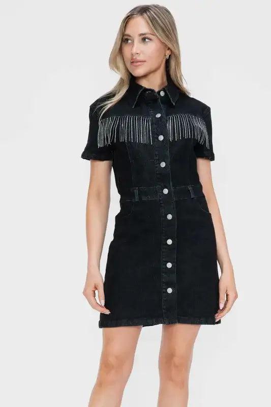 Bytos Denim Dress – Embellished Short Sleeve Button Down in black with fringe and buttoned front.