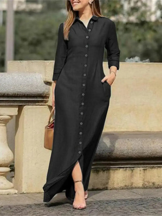 Full Size Button-Down Maxi Denim Dress Plus Size model wearing black button-down dress with pockets and slit