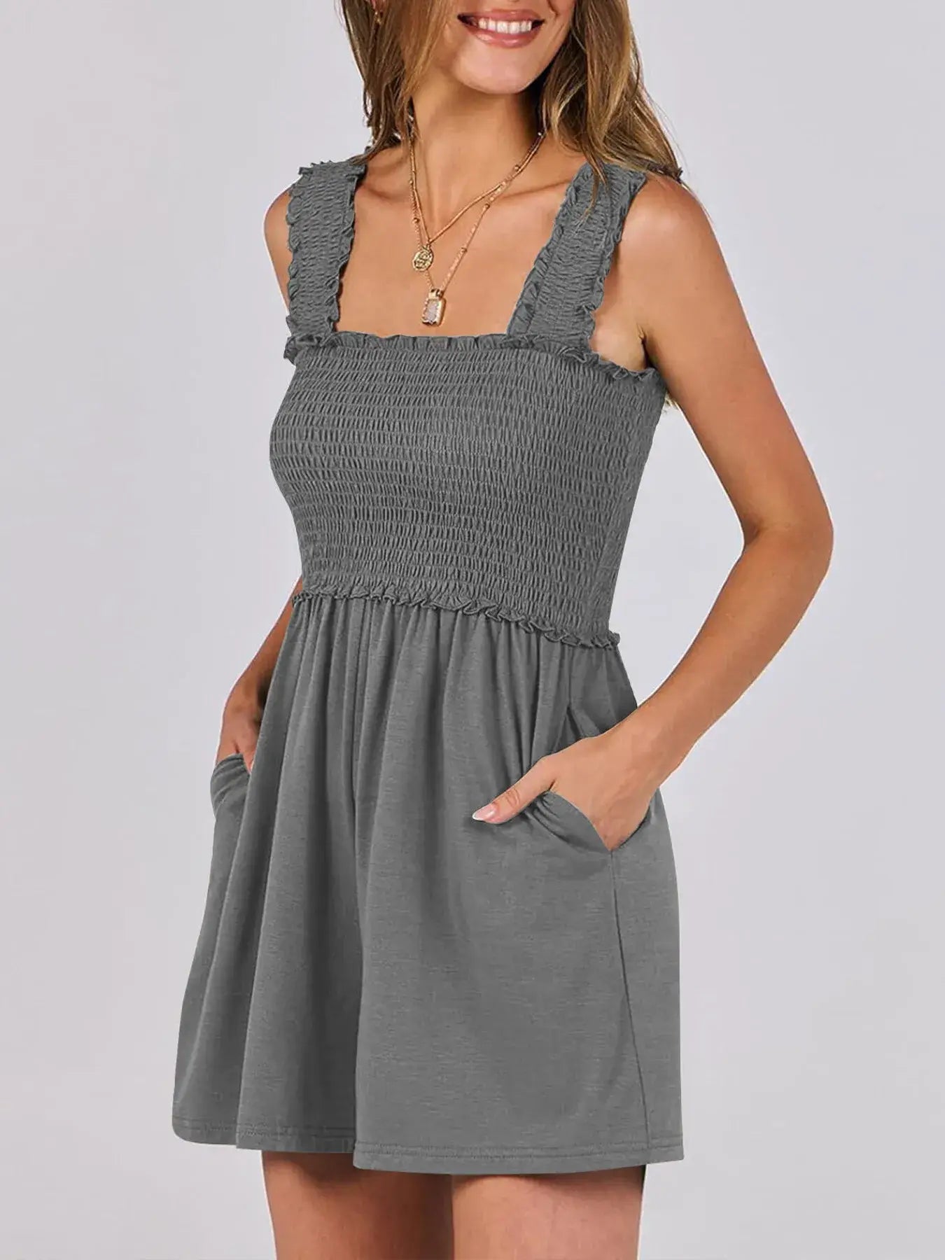 Smocked Square Neck Summer Romper in gray with ruffled straps and pockets for effortless style and comfort.