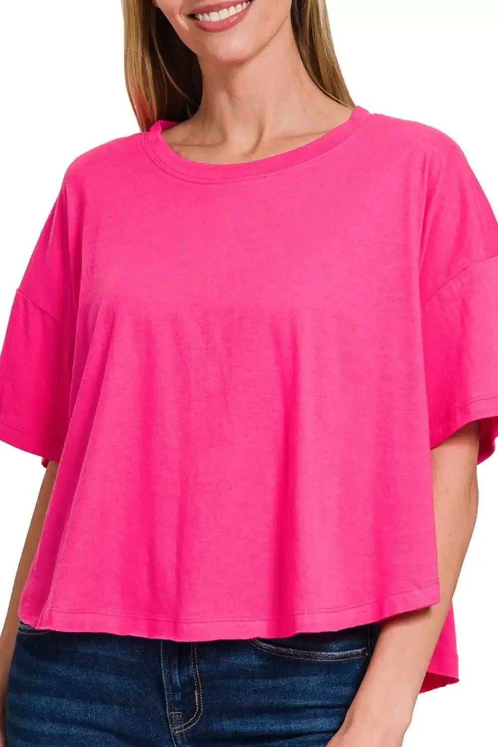Zenana Cotton Round Neck Short Sleeve T-Shirt in vibrant pink, perfect for everyday wear and comfort.
