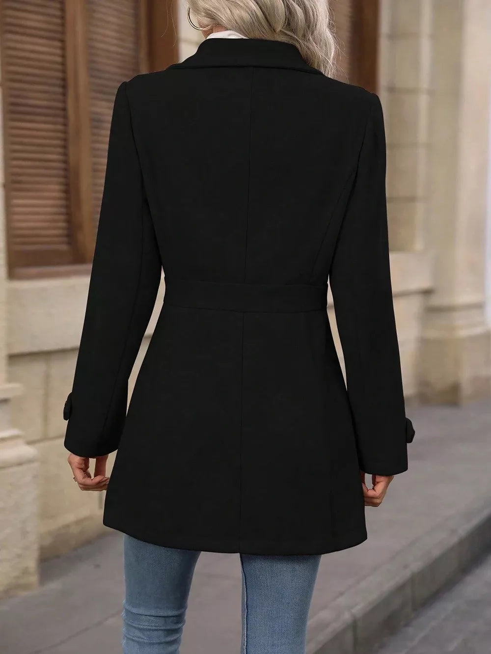 Back view of the Collared Neck Button Up Coat, showcasing its classic design and elegant fit.