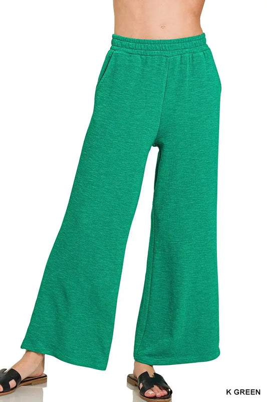 Zenana Cotton Slub Wide Leg Pants in K Green, offering comfort and a relaxed chic style.