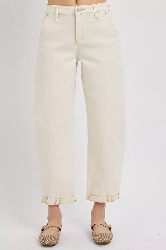 RISEN High Rise Relaxed Barrel Cuffed Jeans in cream with cuffed hems, perfect for casual and stylish outfits.