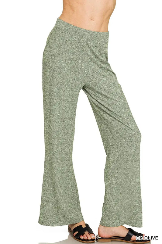 Zenana Soft Elastic Waisted Flare Pants displayed on a model, showcasing the comfortable elastic waistband and flattering flare design.