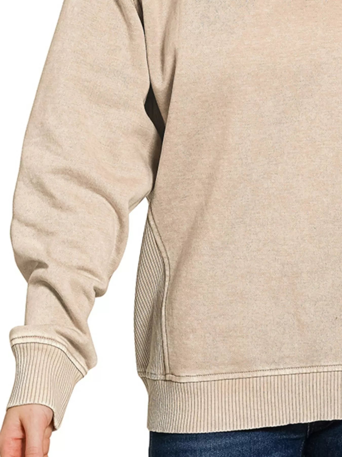 Zenana Acid Washed Fleece Sweatshirt with Side Rib showcasing soft fleece and textured side rib detailing.