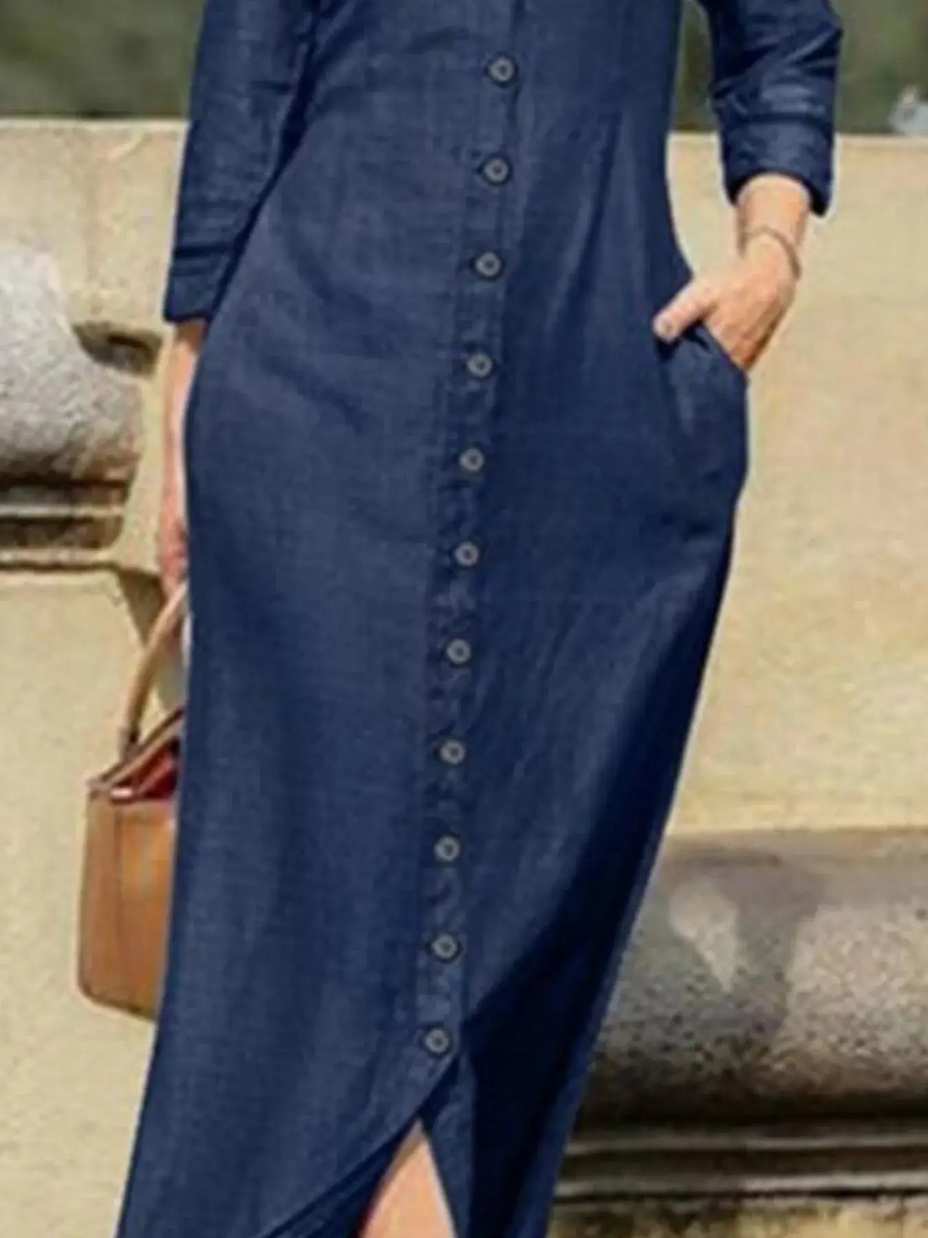 Full Size Button-Down Maxi Denim Dress with pockets and slit, perfect for casual outings or evening wear.