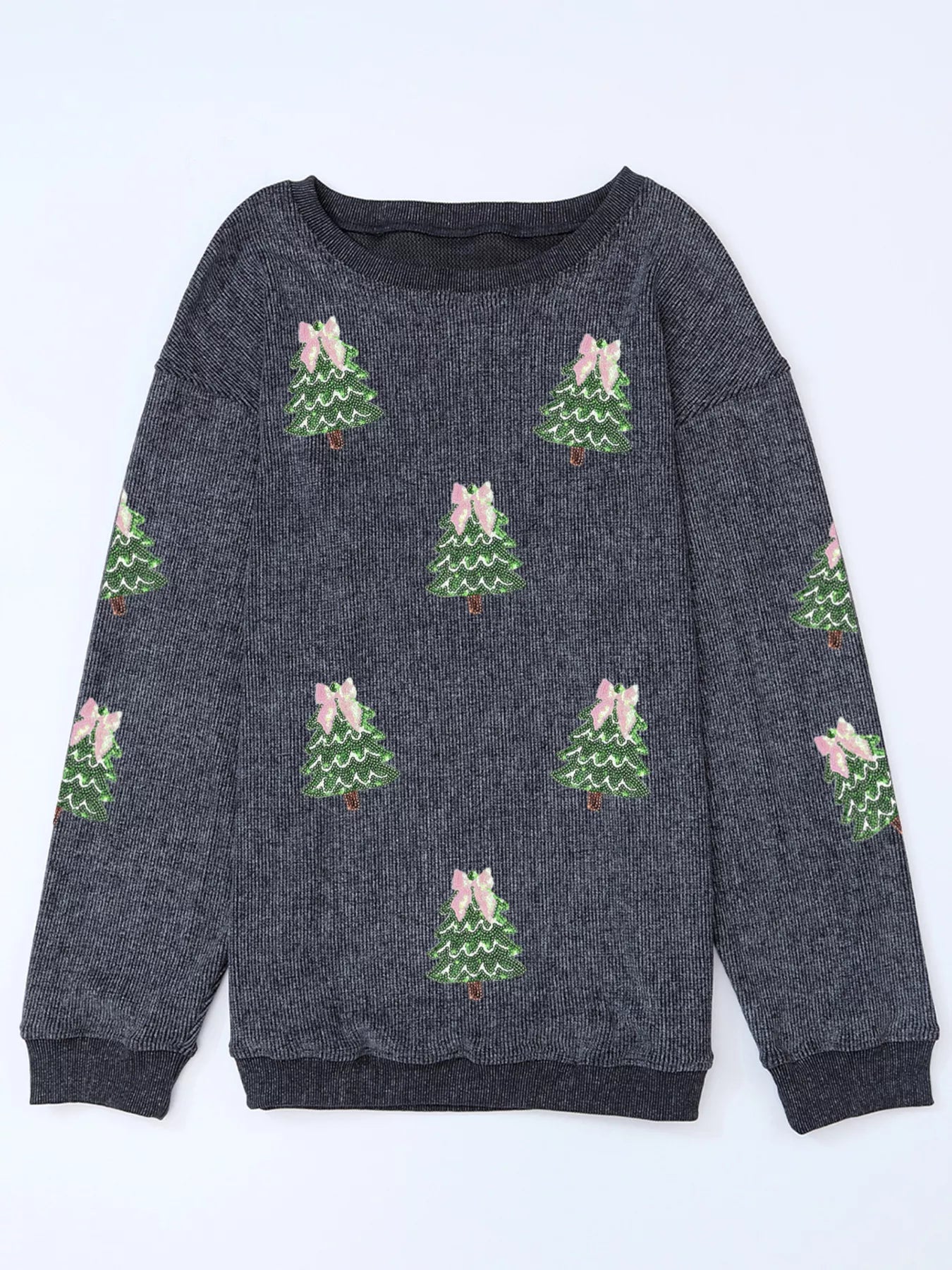 Ribbed Round Neck Sequin Christmas Sweatshirt with festive Christmas tree designs and bows.