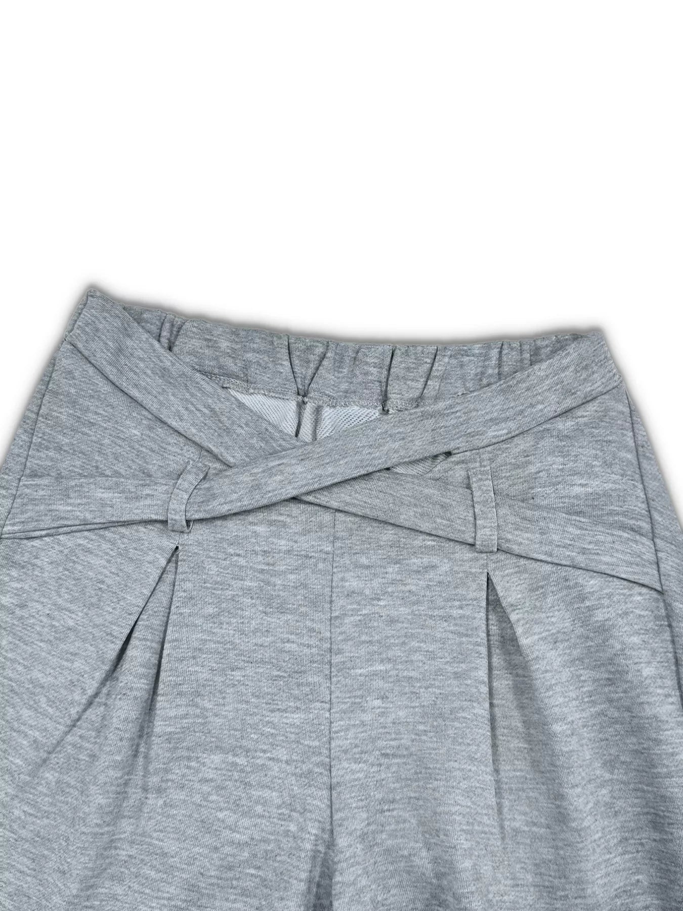 Casual Cropped Hoodie and Wide Leg Pants Set - close-up of grey wide leg pants with pleats and cross waist design.