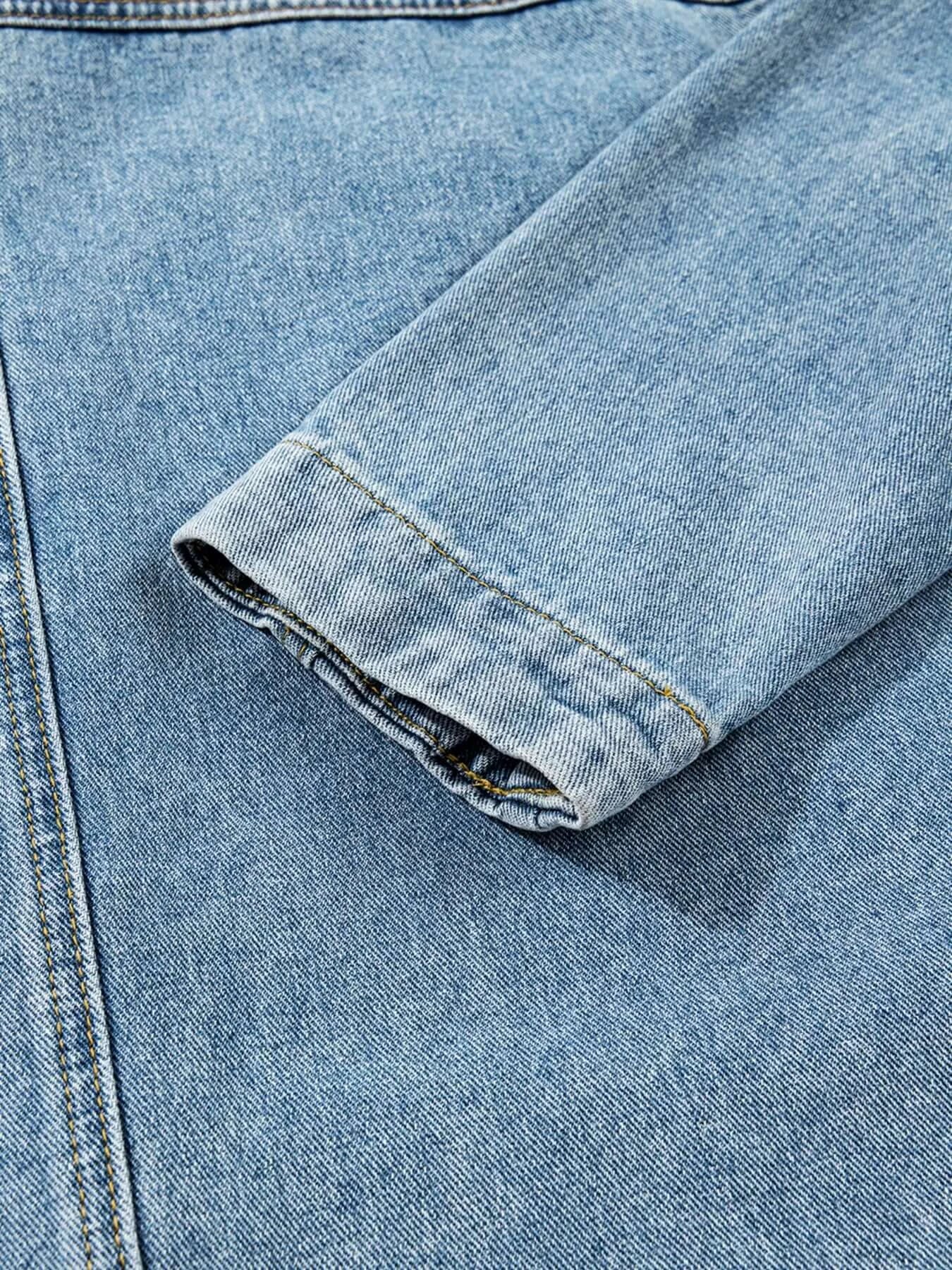 Close-up of the sleeve of a Patched Pockets Side Tie Denim Jacket for women, showcasing its unique denim texture and stitching.