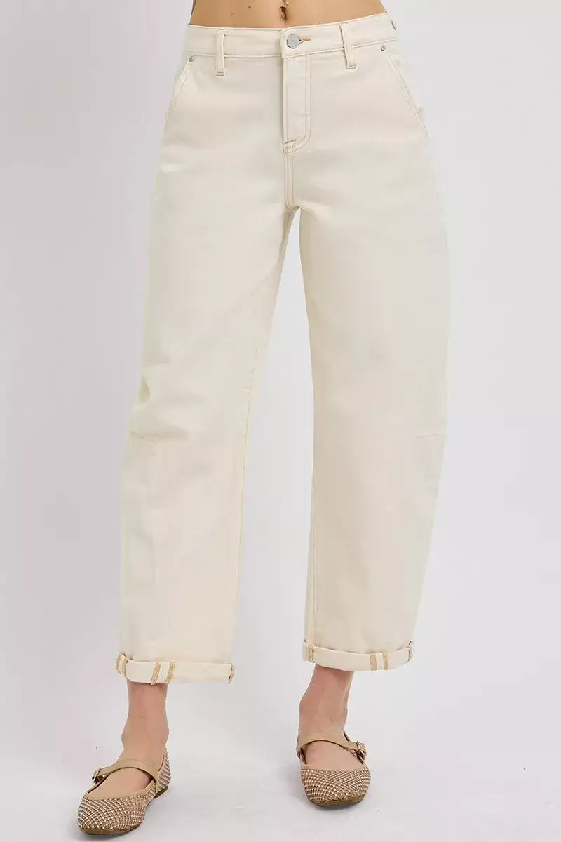 RISEN High Rise Relaxed Barrel Cuffed Jeans in cream color for a stylish and comfortable everyday look.