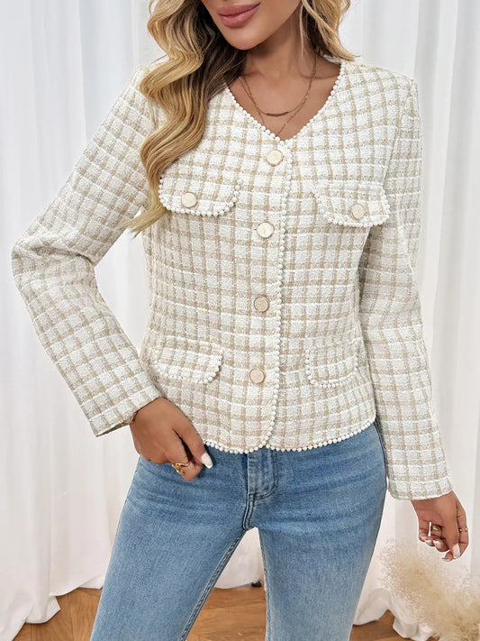 Plaid Button-Front Long Sleeve Outerwear for Women featuring a light plaid pattern and button-front closure.
