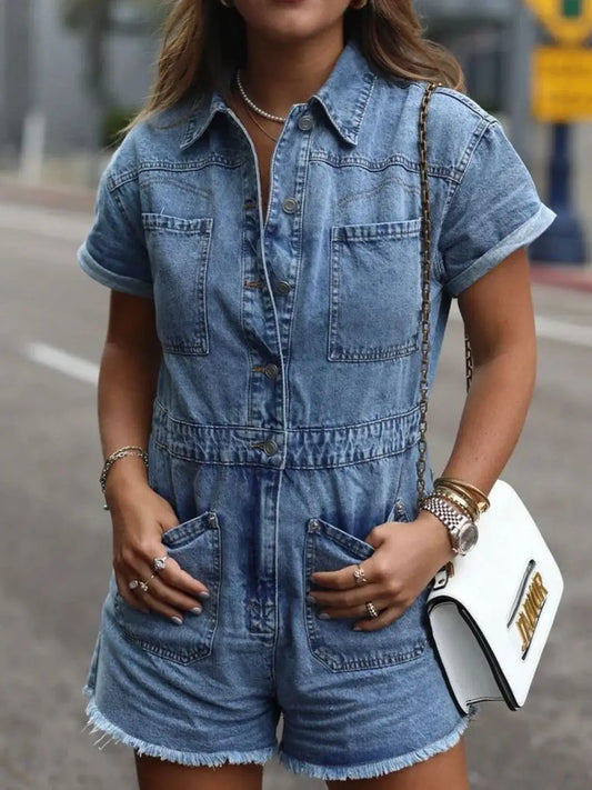 Woman wearing a short sleeve denim romper with front pockets for summer style and casual outings.