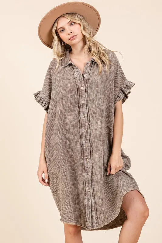 Mineral Wash Cotton Gauze Mini Shirt Dress for Women featuring ruffle sleeves and button-down front.