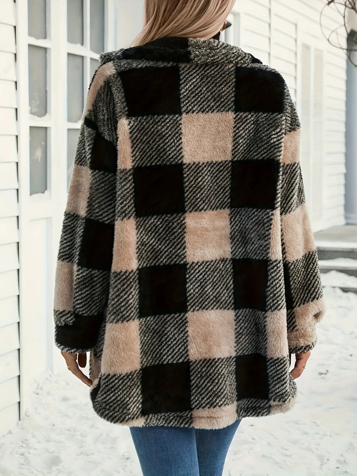 Button Down Collared Neck Plaid Teddy Coat with Pockets, featuring a stylish oversized design, shown in a cozy plaid pattern.