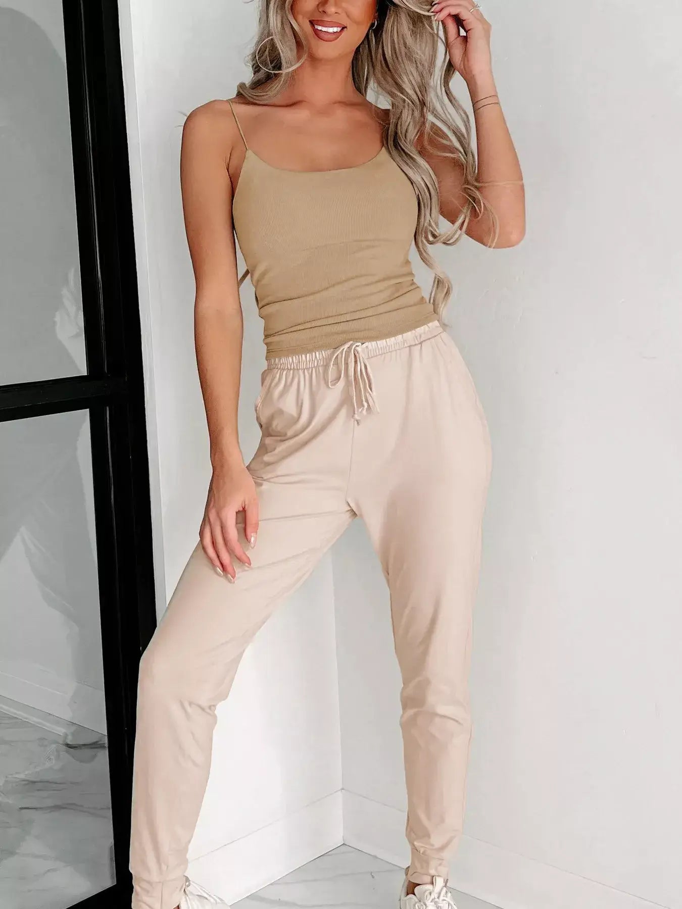 Scoop Neck Cami worn with beige joggers, showcasing a casual and chic outfit for every occasion.