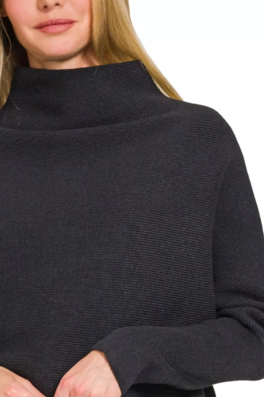 Zenana Viscose Dolman Sleeve Mock Neck Sweater in dark color, featuring a relaxed silhouette and cozy mock neck design.