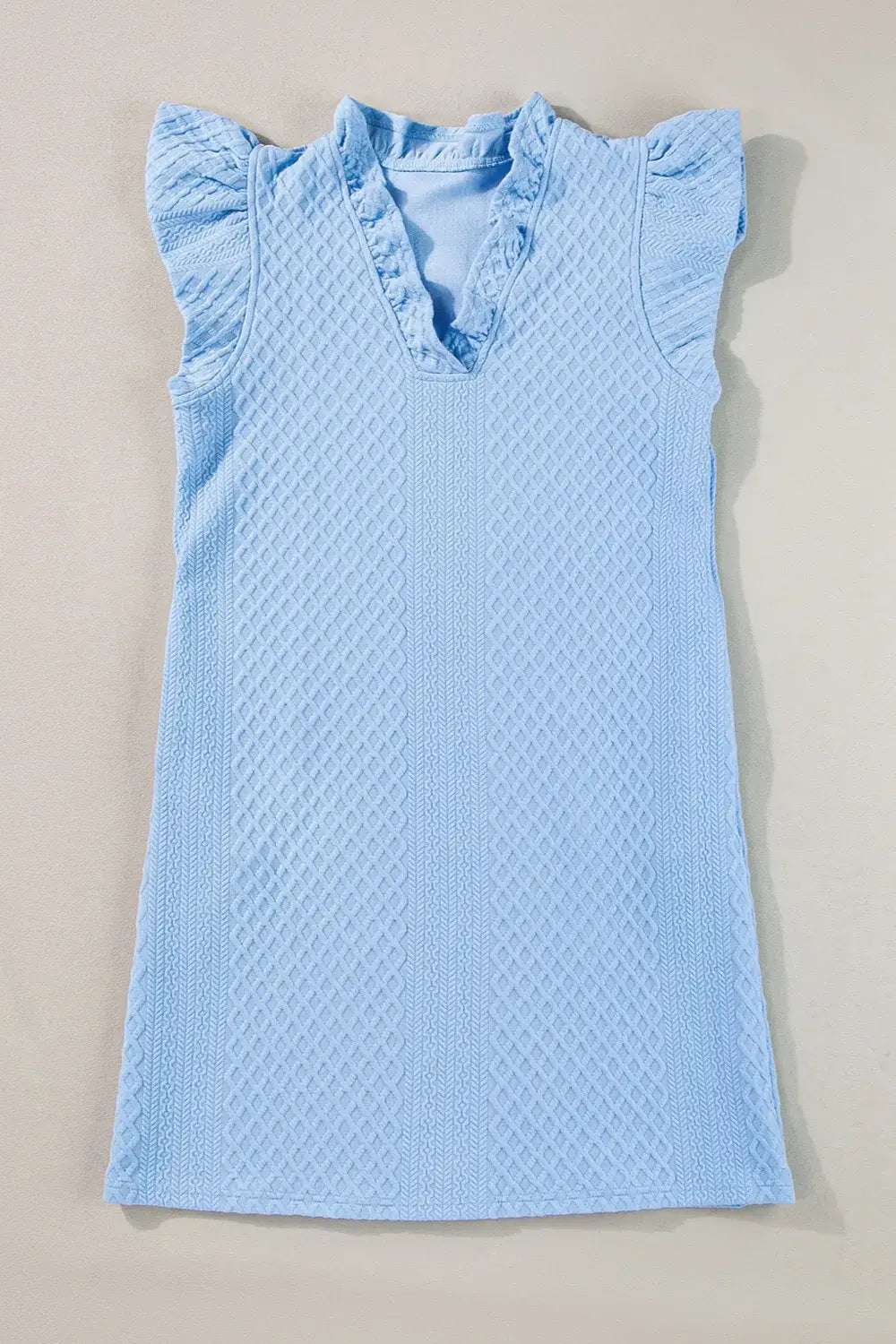 Light blue ruffled V-neck cap sleeve mini dress with textured fabric, perfect for a feminine everyday look.