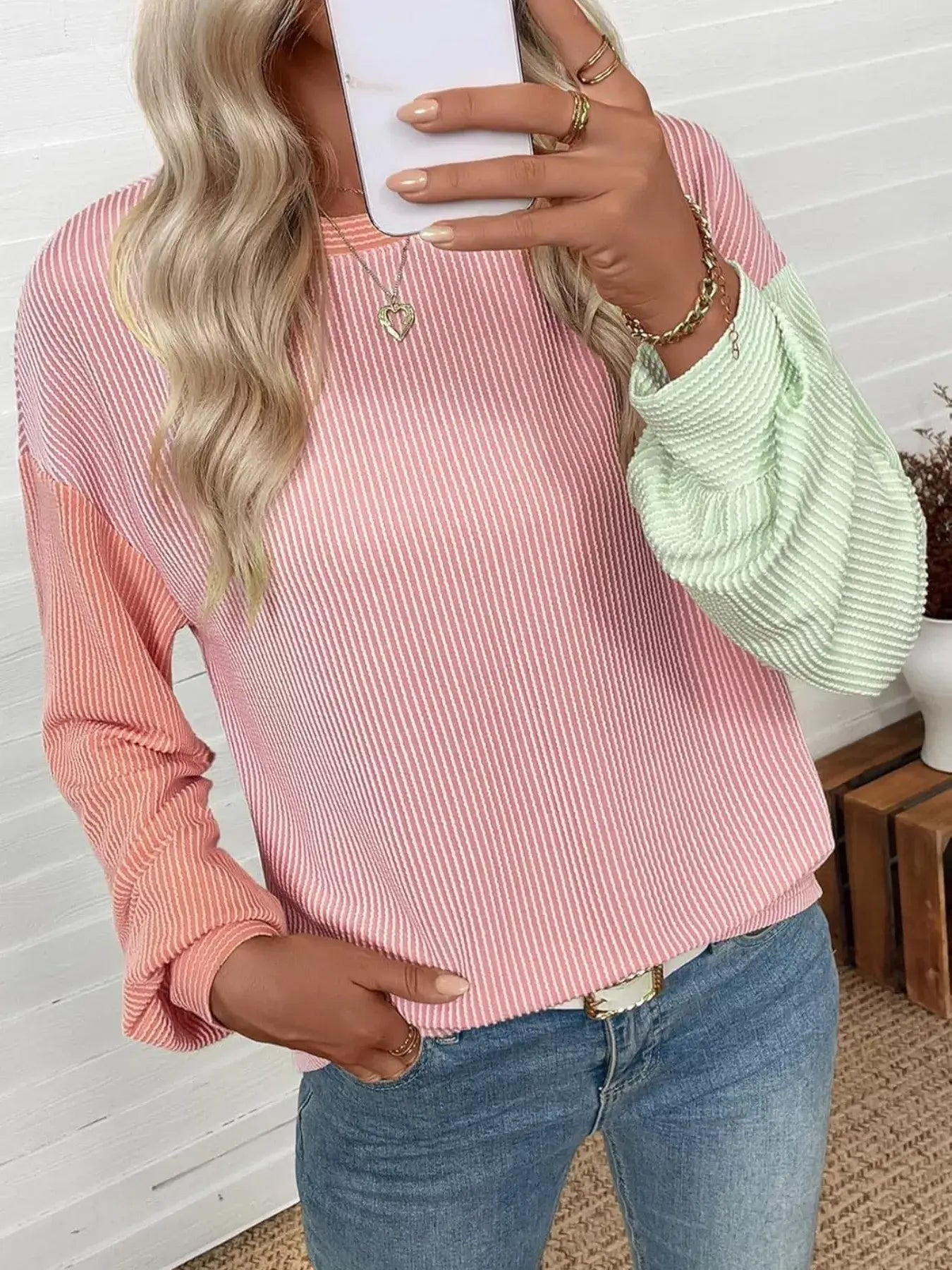Color Block Ribbed Long Sleeve T-Shirt in pink and green, styled with casual jeans, showcasing a trendy, comfortable look.