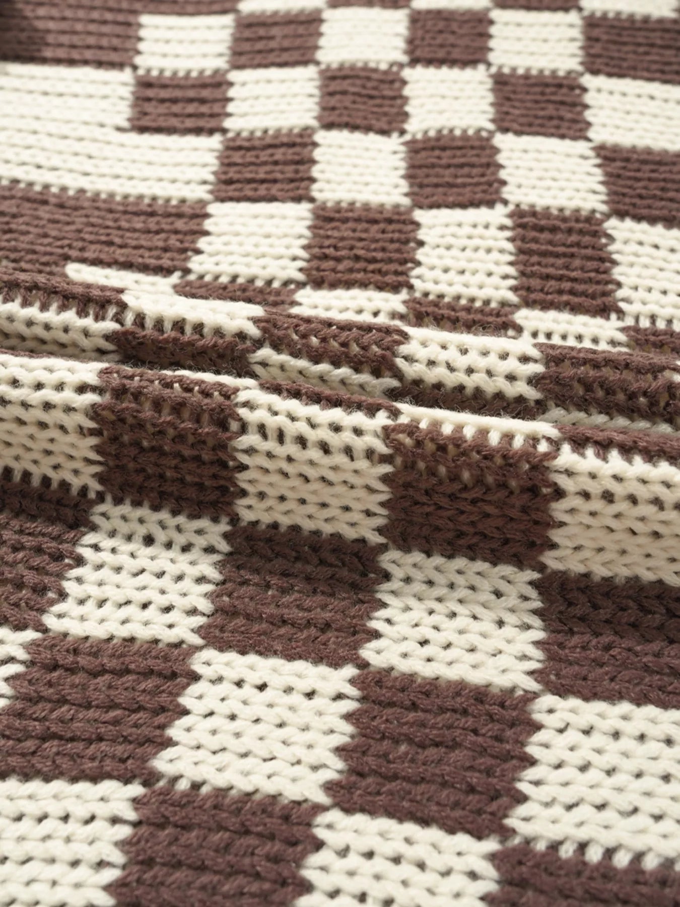 Checkerboard Pattern Sweater Cardigan with a cozy knit design in brown and cream colors.