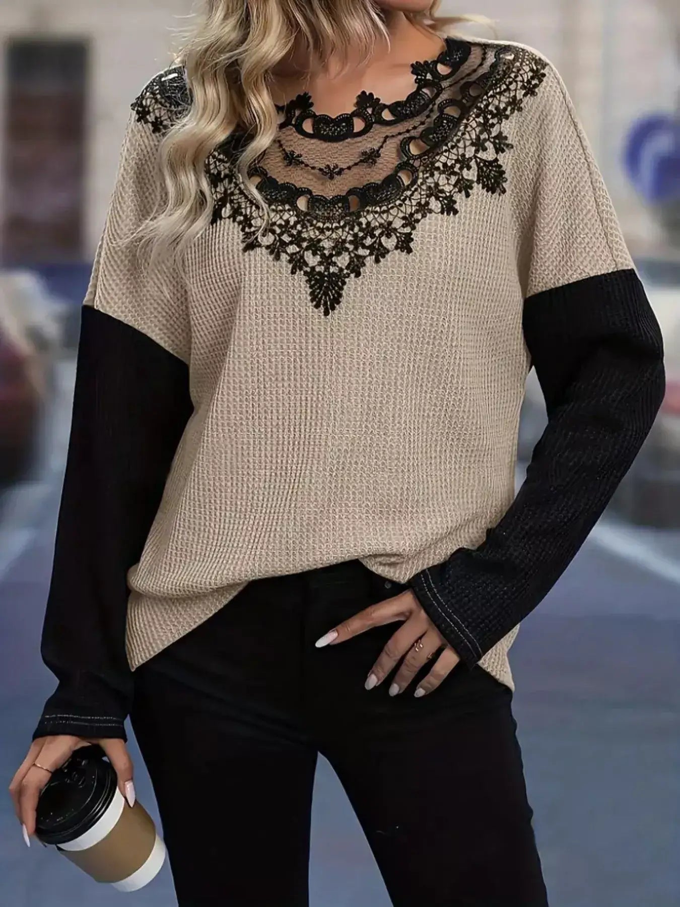 Lace Detail Color Block Long Sleeve T-Shirt. Stylish design with black lace and comfortable fit for everyday wear.
