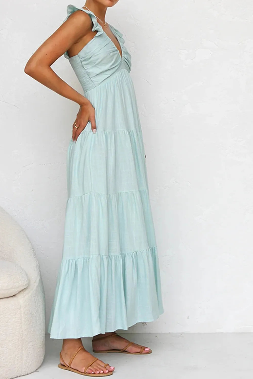 Ruffled V-Neck Tiered Dress in light blue, showcasing a flowing cotton design with ruffles and tiered layers.