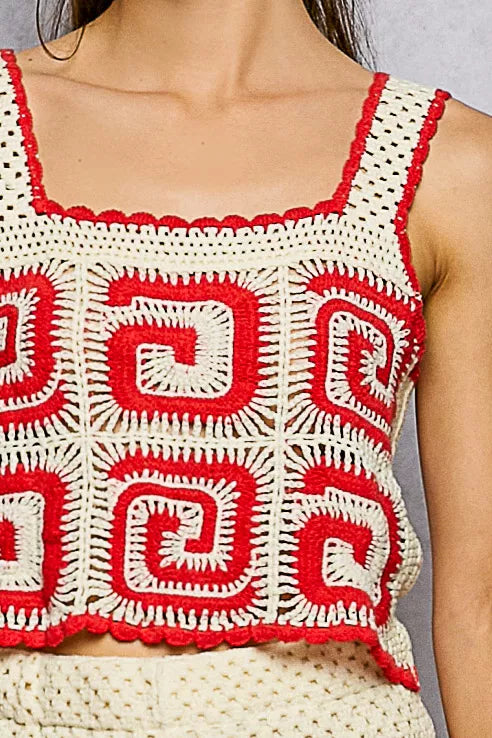 POL Handmade Crochet Cropped Tank with Granny Square Pattern in red and cream color, showcasing intricate crochet details.