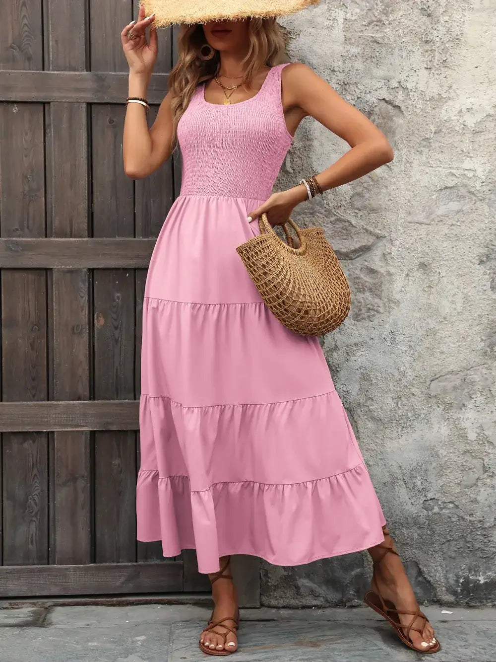 Ivy Lane Smocked Scoop Neck Sleeveless Tank Dress in pink, featuring a smocked bodice and a tiered skirt.