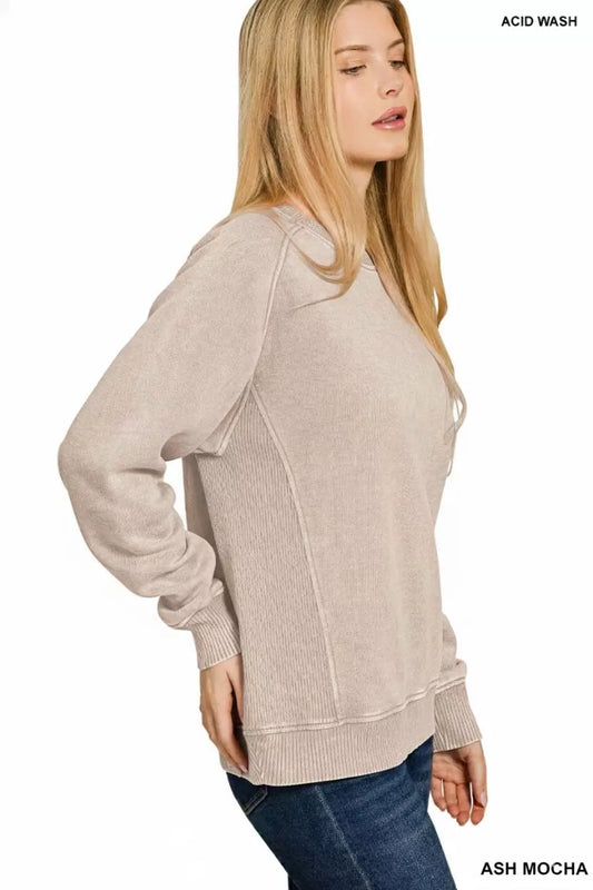 Zenana Acid Washed Fleece Sweatshirt with Side Rib in Ash Mocha with side rib detailing for a chic and comfortable look.