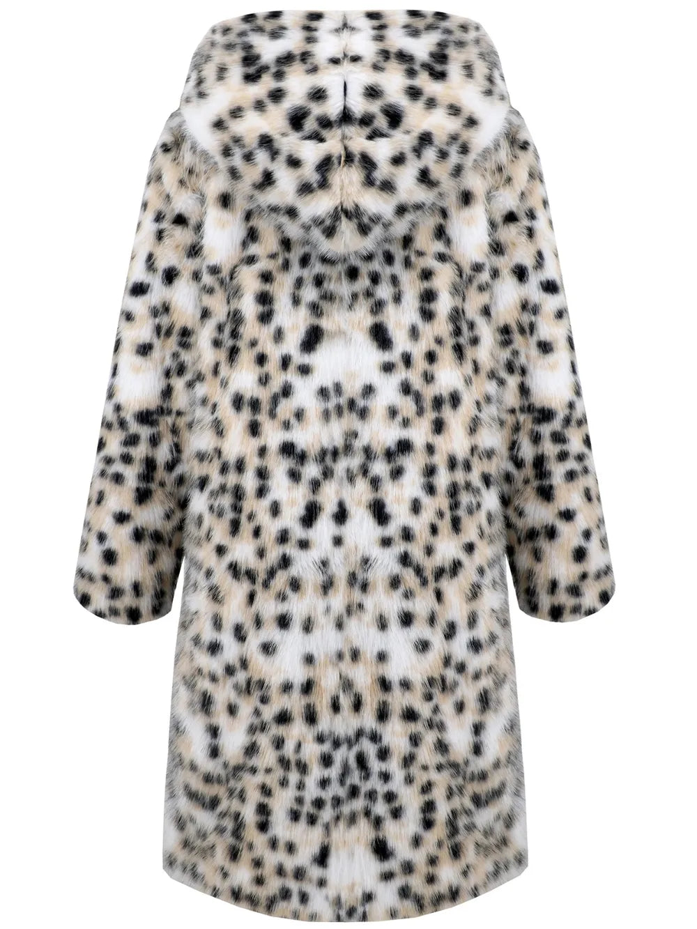 Thermal Leopard Faux Fur Hooded Outerwear back view with leopard print design and cozy hood for cold days.